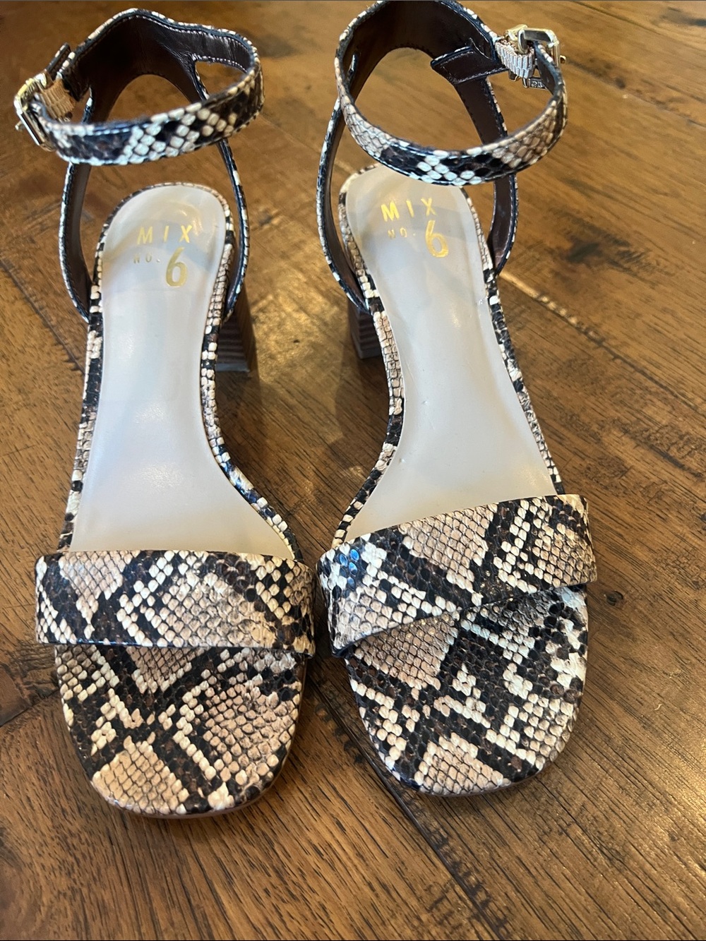 Mix No. 6 Snake-Print Ankle Strap Heels in Beige and Black